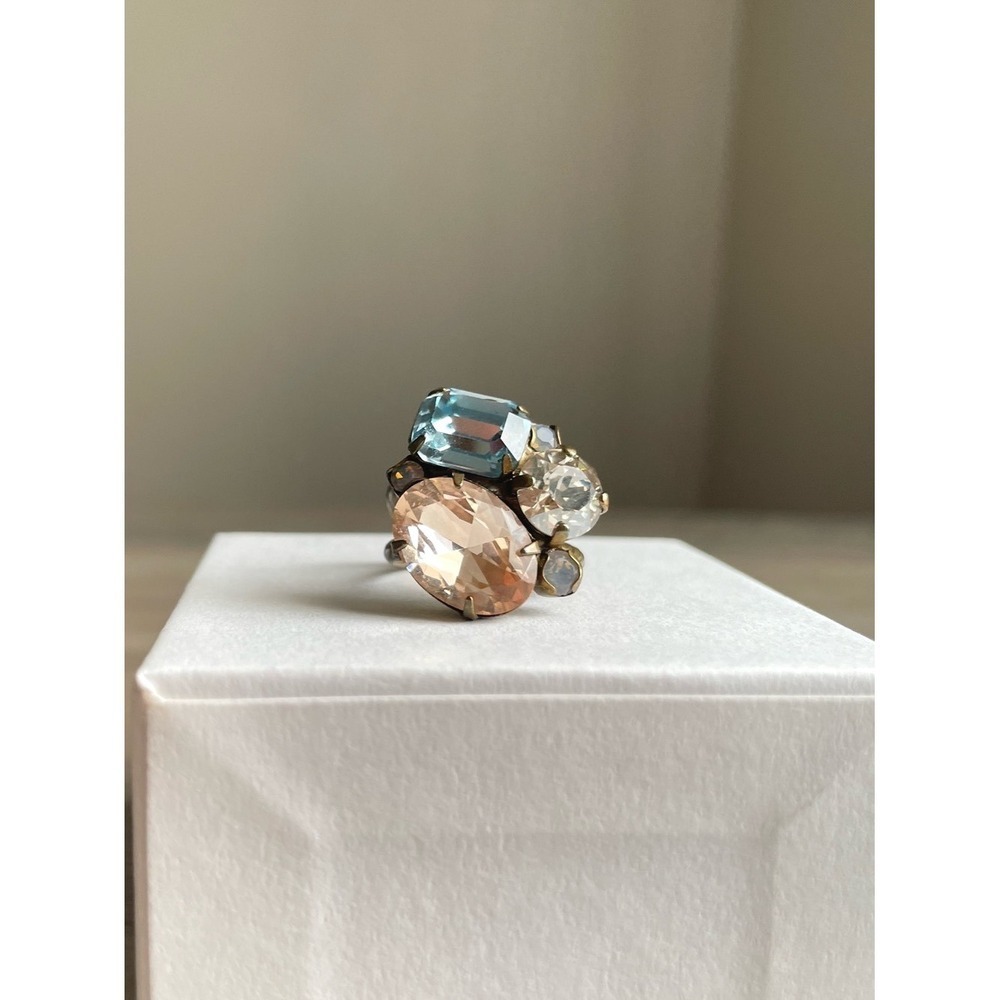 Sorrelli Crystal Cluster Statement Ring Antique Brass Tone Adjustable Blue Peach